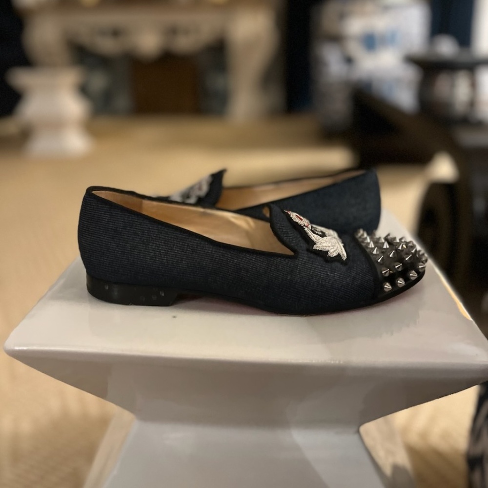 Christian Louboutin Intern Spiked Cap-Toe Denim Red Sole Loafer